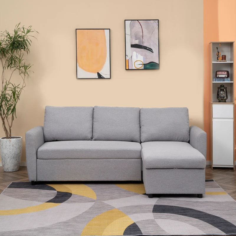 HOMCOM Ecksofa Stoffsofa Schlafsofa Sofabett Sofa mit Schlaffunktion Eckcouch Couchgarnitur mit Chaiselongue L-Form leinenartiges Polyester Schaumstoff PP-Kunststoff Grau 217 x 134 x 85 cm