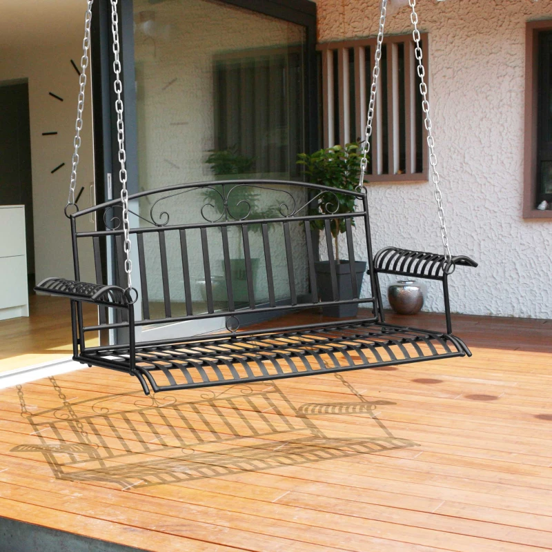 Outsunny Hängebank aus Metall 2-Sitzer Gartenschaukel zum Aufhängen für 2 Personen Schaukelbank mit Ketten Patio Terrasse Hinterhof Schwarz 137 x 58 x 53 cm