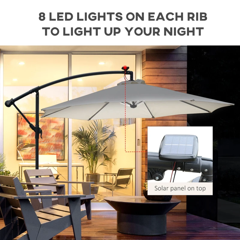 Outsunny Umbrella Parasol W/Solar Powered LED strips, Φ2.95x2.45H m-Cream