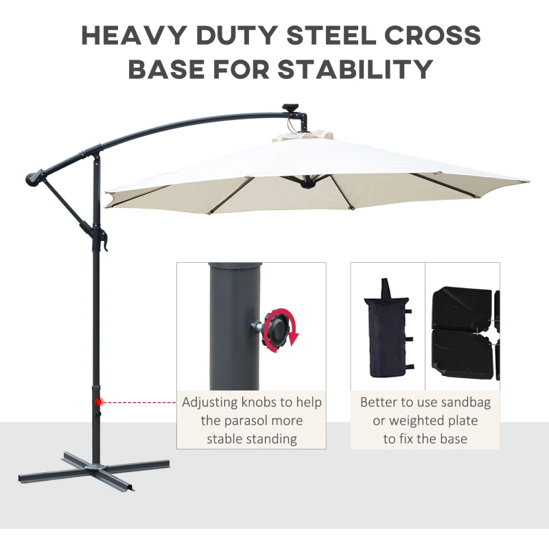 Outsunny Umbrella Parasol W/Solar Powered LED strips, Φ2.95x2.45H m-Cream