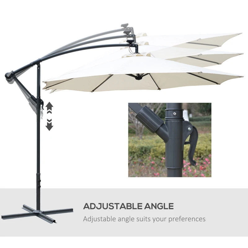 Outsunny Umbrella Parasol W/Solar Powered LED strips, Φ2.95x2.45H m-Cream