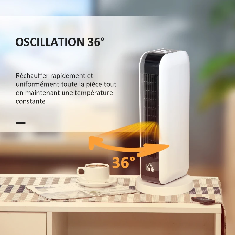 HOMCOM Chauffage soufflant oscillant 2000 W - mini radiateur céramique PTC - 3 modes - télécommande incluse - chauffage d'appoint blanc noir