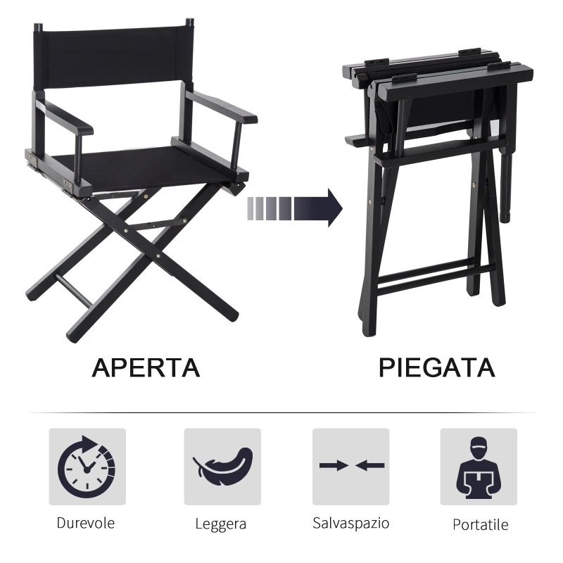 Homcom Sedia da Regista in Legno di Faggio e Seduta in Tessuto Oxford Nero