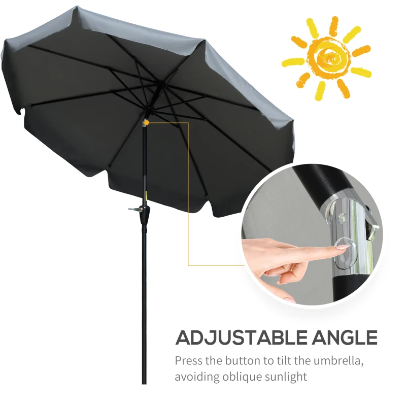 Outsunny 2.7m Patio Umbrella Garden Parasol Outdoor Sun Shade Table Umbrella with Tilt, Crank, 8 Ribs, Ruffles, Grey