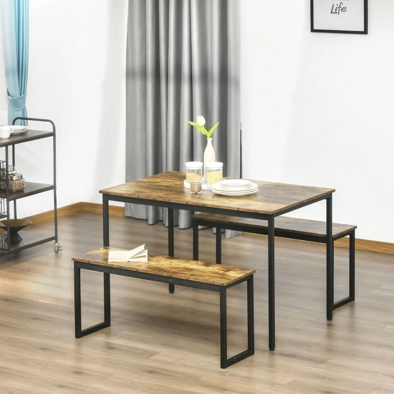 HOMCOM Küchentisch-Set Industriell Esstisch mit 2 Bänken Essgruppe Esstisch Set für Wohnzimmer Metall Rustikales Braun 114 x 71 x 75 cm