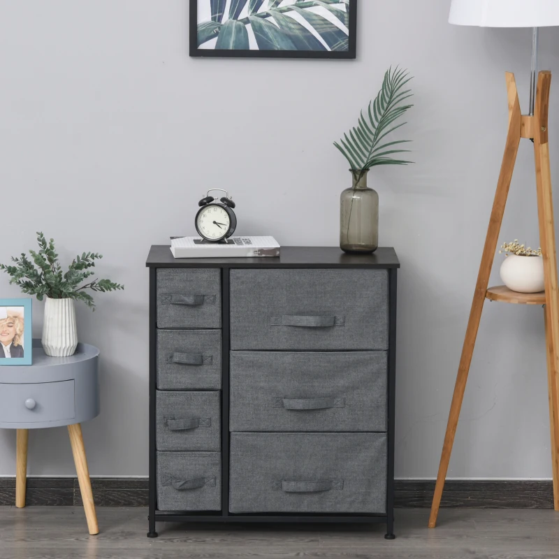 HOMCOM® SZAFKA DO PRZECHOWYWANIA Z 7 SKŁADANYMI TEKSTYLNYMI SZUFLADAMI METALOWY STELAŻ + DREWNO + LEN szara 63.5 x 30 x 71 cm