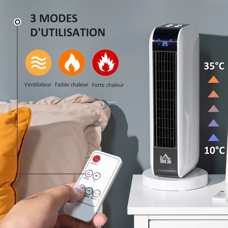 HOMCOM Chauffage soufflant oscillant 2000 W - mini radiateur céramique PTC - 3 modes - télécommande incluse - chauffage d'appoint blanc noir