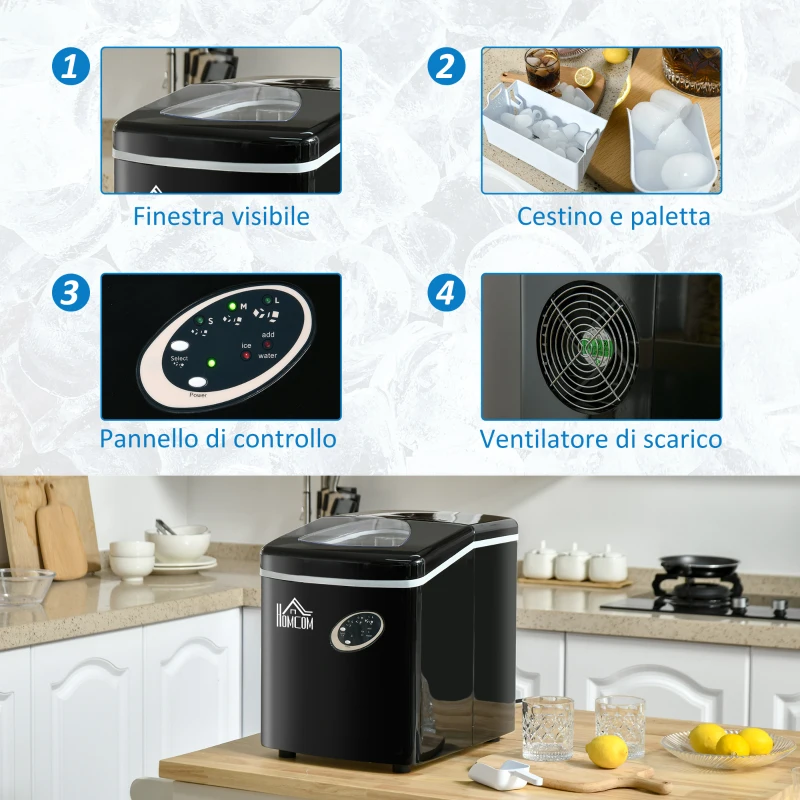 HOMCOM Macchina per Ghiaccio 9 Cubetti in 8-9 Minuti con 3 Dimensioni Regolabili, Nero
