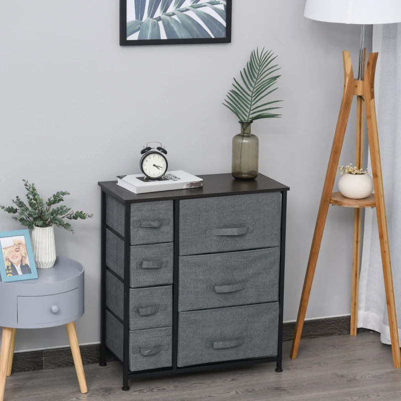 HOMCOM® SZAFKA DO PRZECHOWYWANIA Z 7 SKŁADANYMI TEKSTYLNYMI SZUFLADAMI METALOWY STELAŻ + DREWNO + LEN szara 63.5 x 30 x 71 cm