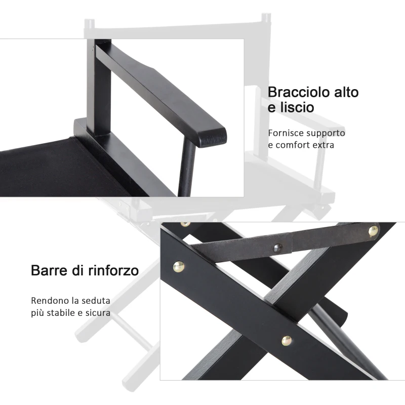 Homcom Sedia da Regista in Legno di Faggio e Seduta in Tessuto Oxford Nero