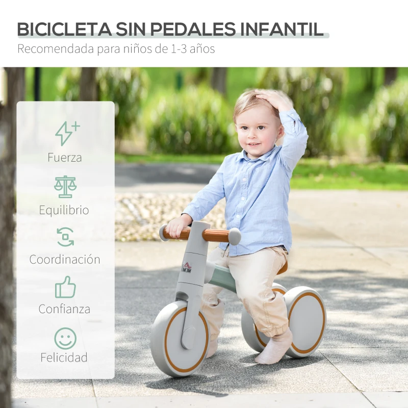 HOMCOM Bicicleta sin Pedales para Niños de 1-3 Años Bicicleta de Equilibrio con 3 Ruedas Silenciosas Correpasillos Triciclo de Bebé 60x24x37 cm Marrón