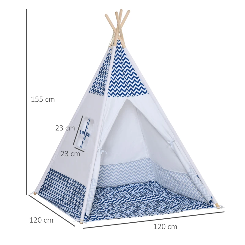 HOMCOM Tienda de Campaña para Niños de +3 Años Tipi Infantil de Madera Portátil con Ventana Colchoneta y Bolsa de Transporte para Interiores y Exteriores 120x120x155 cm Azul