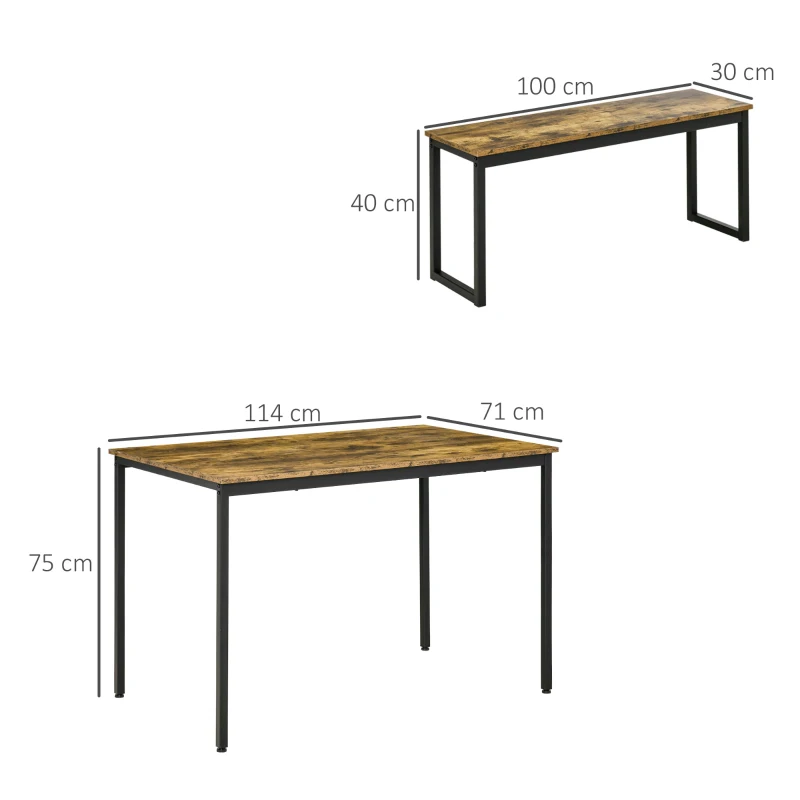 HOMCOM Küchentisch-Set Industriell Esstisch mit 2 Bänken Essgruppe Esstisch Set für Wohnzimmer Metall Rustikales Braun 114 x 71 x 75 cm