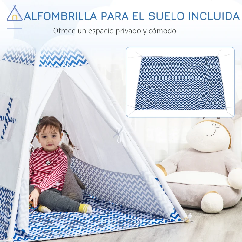 HOMCOM Tienda de Campaña para Niños de +3 Años Tipi Infantil de Madera Portátil con Ventana Colchoneta y Bolsa de Transporte para Interiores y Exteriores 120x120x155 cm Azul