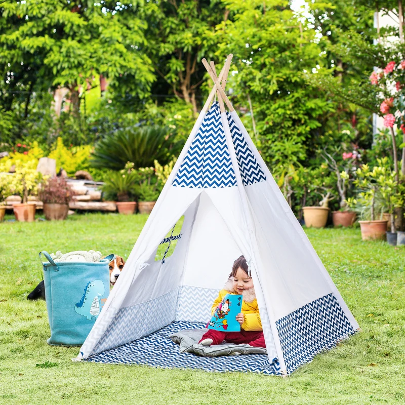 HOMCOM Tienda de Campaña para Niños de +3 Años Tipi Infantil de Madera Portátil con Ventana Colchoneta y Bolsa de Transporte para Interiores y Exteriores 120x120x155 cm Azul