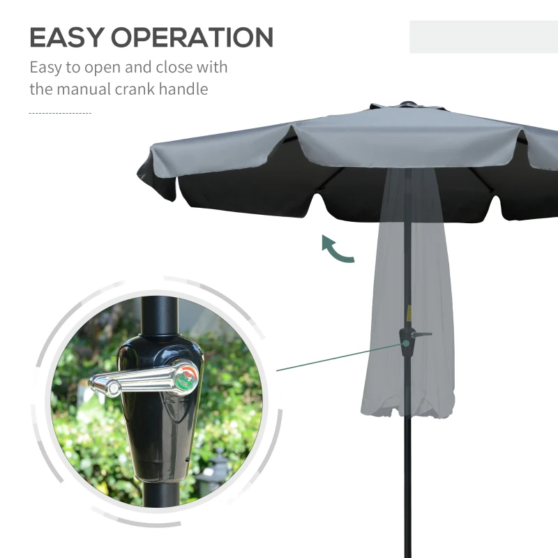 Outsunny 2.7m Patio Umbrella Garden Parasol Outdoor Sun Shade Table Umbrella with Tilt, Crank, 8 Ribs, Ruffles, Grey