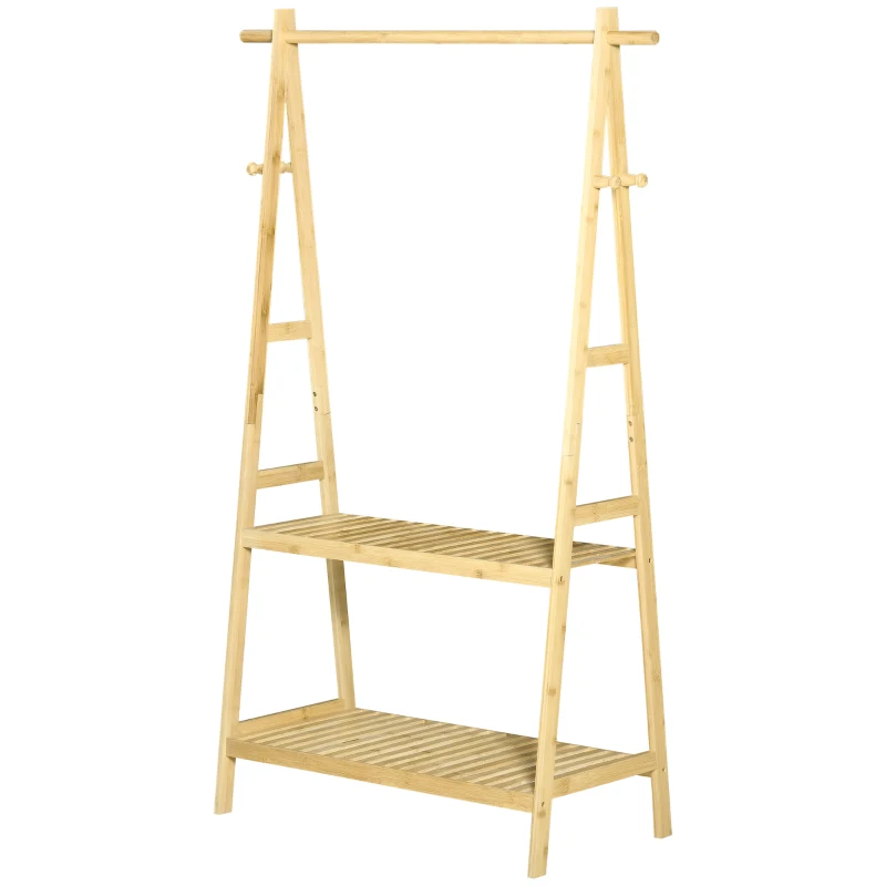 HOMCOM Stand Appendiabiti con 2 Scaffali e 4 Ganci Laterali, in Bambù, 100x42x155cm
