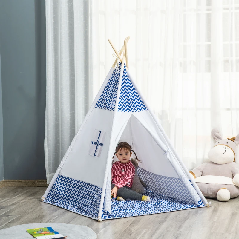 HOMCOM Tienda de Campaña para Niños de +3 Años Tipi Infantil de Madera Portátil con Ventana Colchoneta y Bolsa de Transporte para Interiores y Exteriores 120x120x155 cm Azul