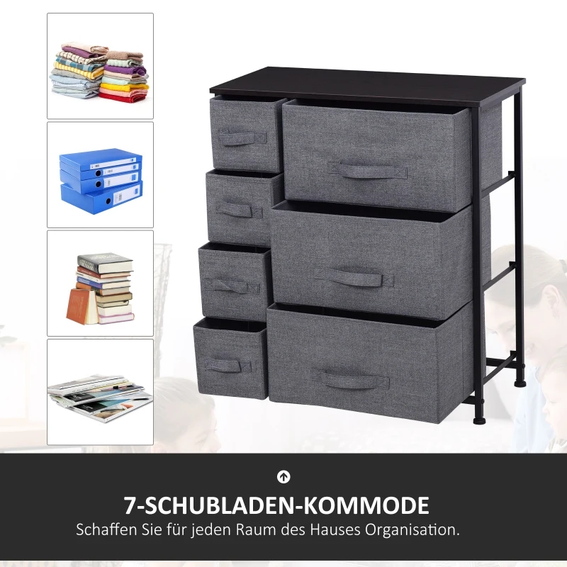 HOMCOM® SZAFKA DO PRZECHOWYWANIA Z 7 SKŁADANYMI TEKSTYLNYMI SZUFLADAMI METALOWY STELAŻ + DREWNO + LEN szara 63.5 x 30 x 71 cm