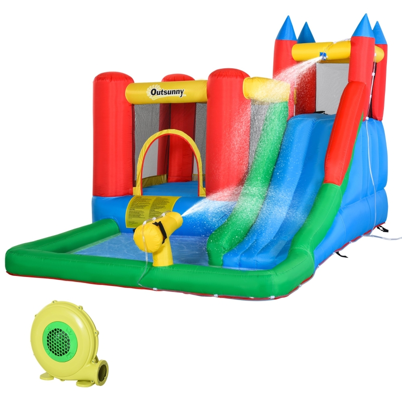 Outsunny Castillo Hinchable con Tobogán Cama de Salto Piscina y Pistola de Agua para Niños +3 Años con Inflador y Bolsa de Transporte para Interior Exterior 330x245x215 cm Multicolor