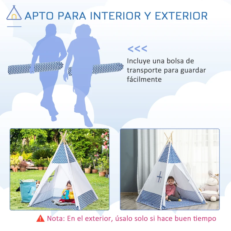 HOMCOM Tienda de Campaña para Niños de +3 Años Tipi Infantil de Madera Portátil con Ventana Colchoneta y Bolsa de Transporte para Interiores y Exteriores 120x120x155 cm Azul