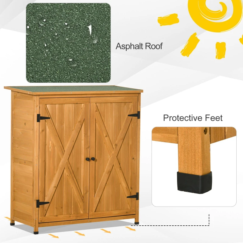 Outsunny Garden Shed Wooden Garden Storage Shed Fir Tool Cabinet Organiser with Shelves Double Door, 110L x 55W x117Hcm, Natural