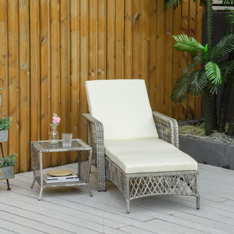 Outsunny 2 bucati sezlong din rattan din PE, sezlong de gradina cu spatar reglabil pe 5 niveluri, 2 roti, gri
