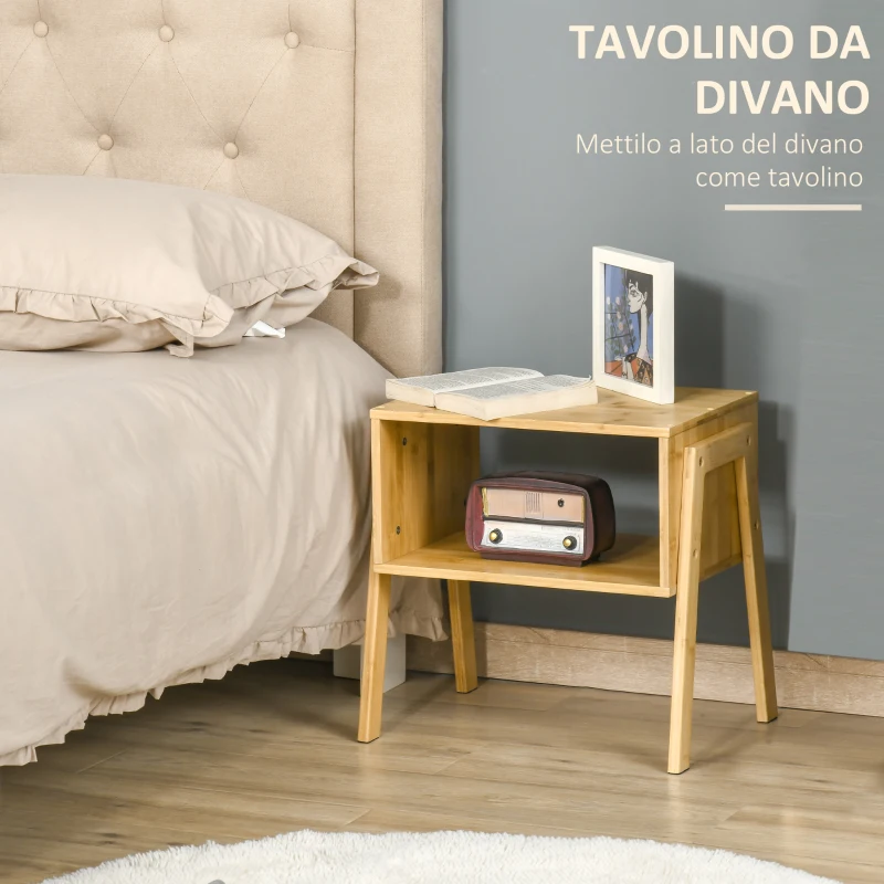 HOMCOM Noptiera Multifunctionala Masuta pentru Canapea din Bambus Natural, Design Deschis, 43x32.5x42cm, Culoare Natur(m-4)