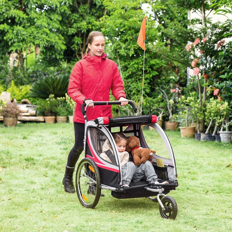 HOMCOM Remorca pentru bicicleta pentru copii 2 in 1, centura in 5 puncte, geanta de depozitare, reflector, steag, Rosu(m-2)