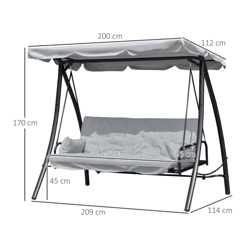Balansoar de Gradina Outsunny 3 Locuri cu Acoperis Rabatabil Convertibil Pat Poliester Crem 209 cm x 114 cm x 170 cm