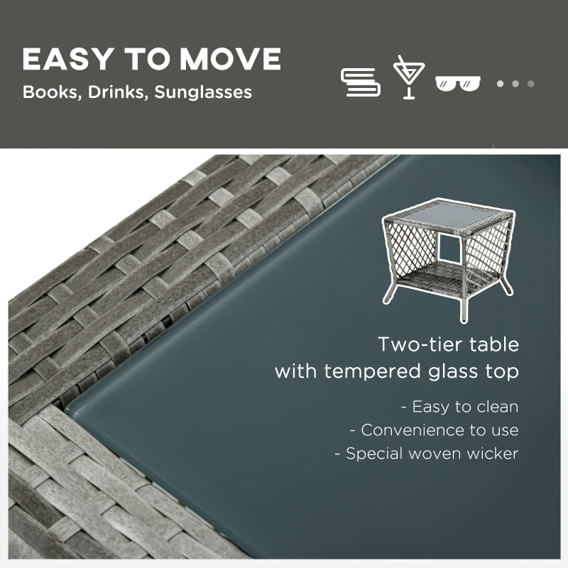 Outsunny Set din Sezlong rattan din PE si masuta de cafea, sezlong de gradina cu spatar reglabil pe 5 niveluri, 2 roti, gri