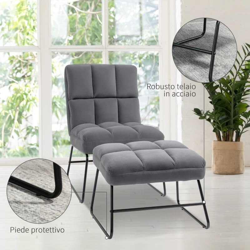 Fotoliu Relax cu Suport pentru picioare HOMCOM pentru Interior, Set 2 Piese din Tesatura cu Efect de Catifea, Spuma de Cauciuc si Metal, Gri
