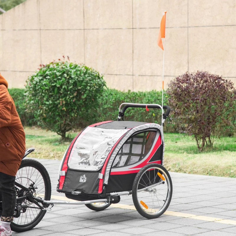HOMCOM Remorca pentru bicicleta pentru copii 2 in 1, centura in 5 puncte, geanta de depozitare, reflector, steag, Rosu(m-10)