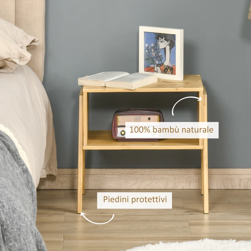 HOMCOM Noptiera Multifunctionala Masuta pentru Canapea din Bambus Natural, Design Deschis, 43x32.5x42cm, Culoare Natur(m-6)