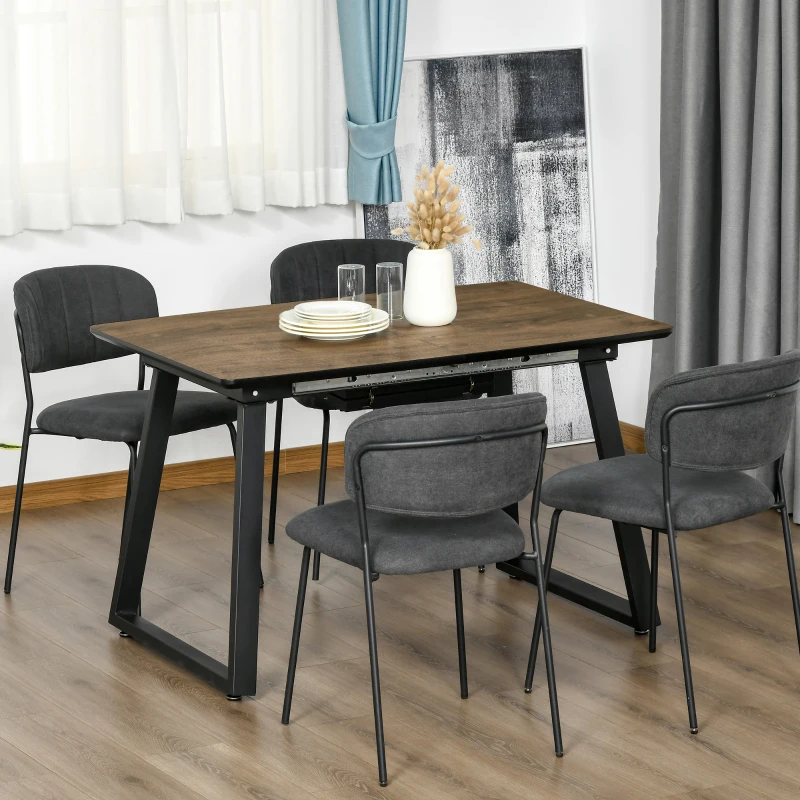 HOMCOM Masa de sufragerie extensibila Blat dreptunghiular cu efect de lemn pentru 4-6 persoane cu cadru metalic si frunze ascunse pentru bucatarie, sufragerie, living