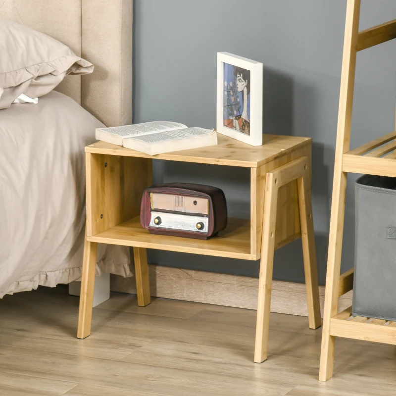 HOMCOM Noptiera Multifunctionala Masuta pentru Canapea din Bambus Natural, Design Deschis, 43x32.5x42cm, Culoare Natur(m-10)