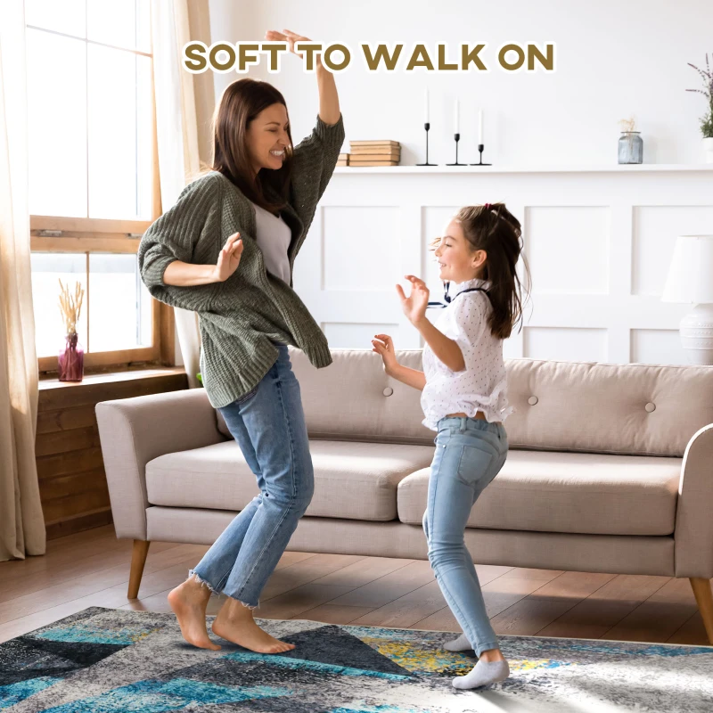 HOMCOM Covor modern albastru gri, covoare geometrice covor mare pentru sufragerie, dormitor, sufragerie, 140x200 cm