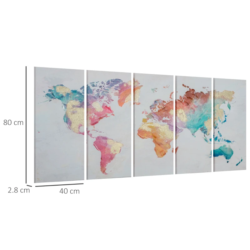 HOMCOM 5 Piese Canvas Wall Art Harta Lumii, Tablouri de Perete pentru Decor Dormitor Sufragerie, 80 x 40 cm x 4