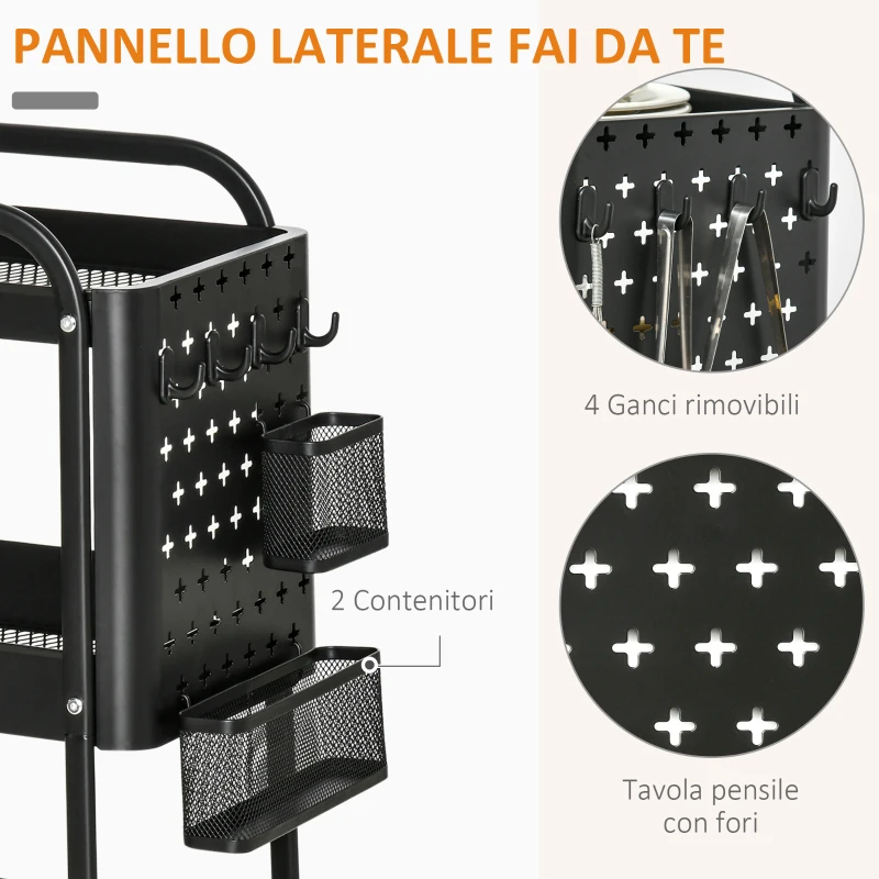 HOMCOM Carucior de depozitare din metal rulant cu 3 niveluri, carucior de serviciu utilitar cu placi din otel DIY, negru