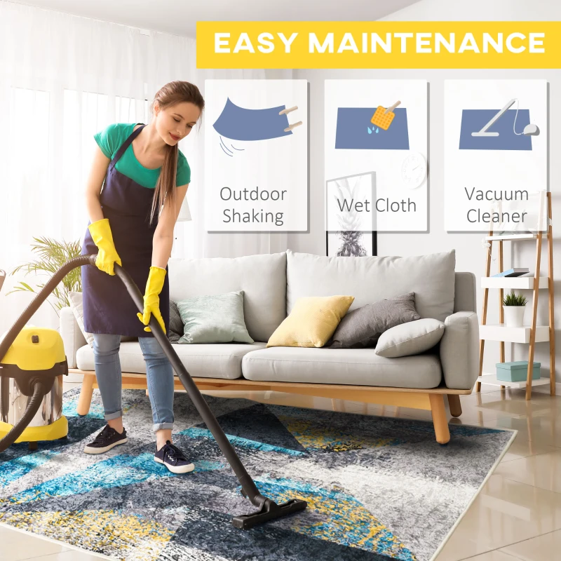 HOMCOM Covor modern albastru gri, covoare geometrice covor mare pentru sufragerie, dormitor, sufragerie, 140x200 cm