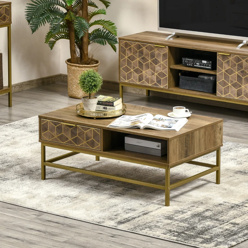 Masuta de cafea moderna HOMCOM cu depozitare, masa dreptunghiulara cu sertar si 2 rafturi deschise, masa de ceai pentru camera de zi, Natural