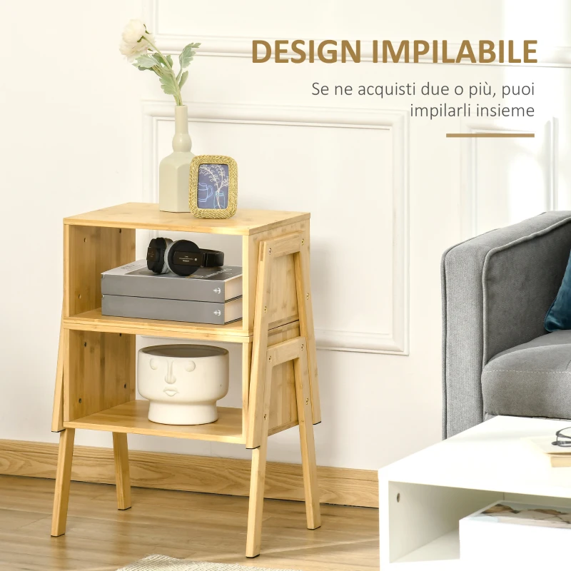 HOMCOM Noptiera Multifunctionala Masuta pentru Canapea din Bambus Natural, Design Deschis, 43x32.5x42cm, Culoare Natur(m-5)