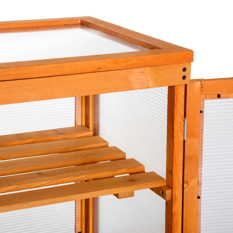 Outsunny Mini Sera de Gradina cu 3 Etajere din Lemn de Brad si Policarbonat, Deschidere Laterala si Frontala, 58x44x78cm, Portocaliu