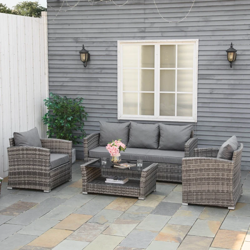 Outsunny Set de canapele din ratan PE pentru terasa, cu 4 piese, cu perne si masuta de cafea cu doua niveluri, cu blat din sticla securizata, Gri