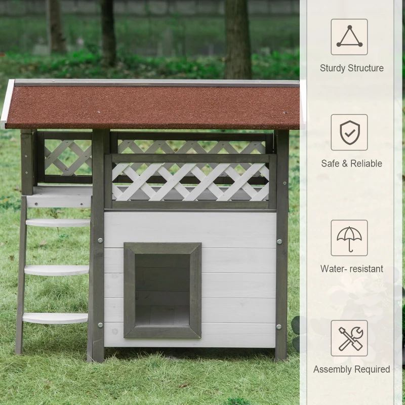 Adapost in aer liber pentru pisici PawHut, adapost cu 2 etaje pentru pisici salbatice, apartament din lemn pentru pisici cu acoperis asfaltat, scari, balcon, 30"x20"x29", alb