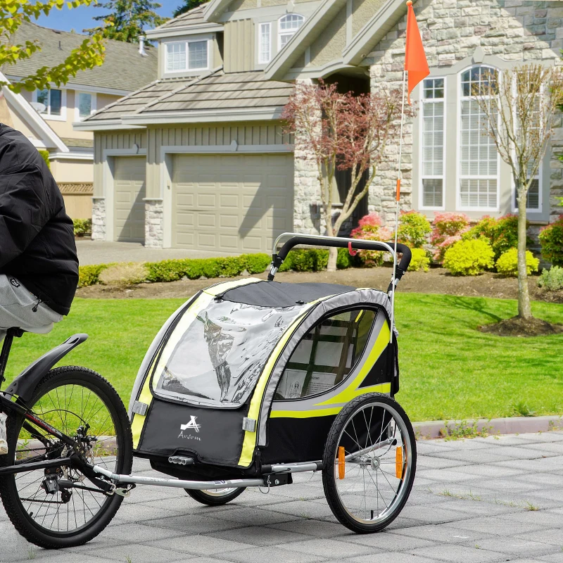 HOMCOM Remorca pentru bicicleta pentru copii 2 in 1, centura in 5 puncte, geanta de depozitare, reflector, steag, galben(m-9)