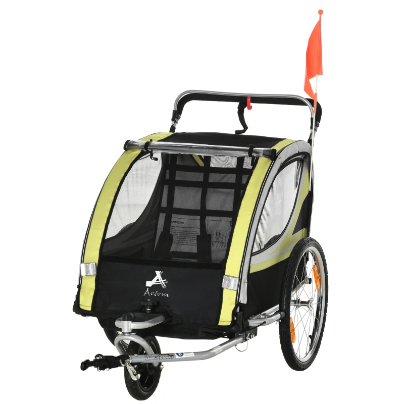 HOMCOM Remorca pentru bicicleta pentru copii 2 in 1, centura in 5 puncte, geanta de depozitare, reflector, steag, galben(m-12)