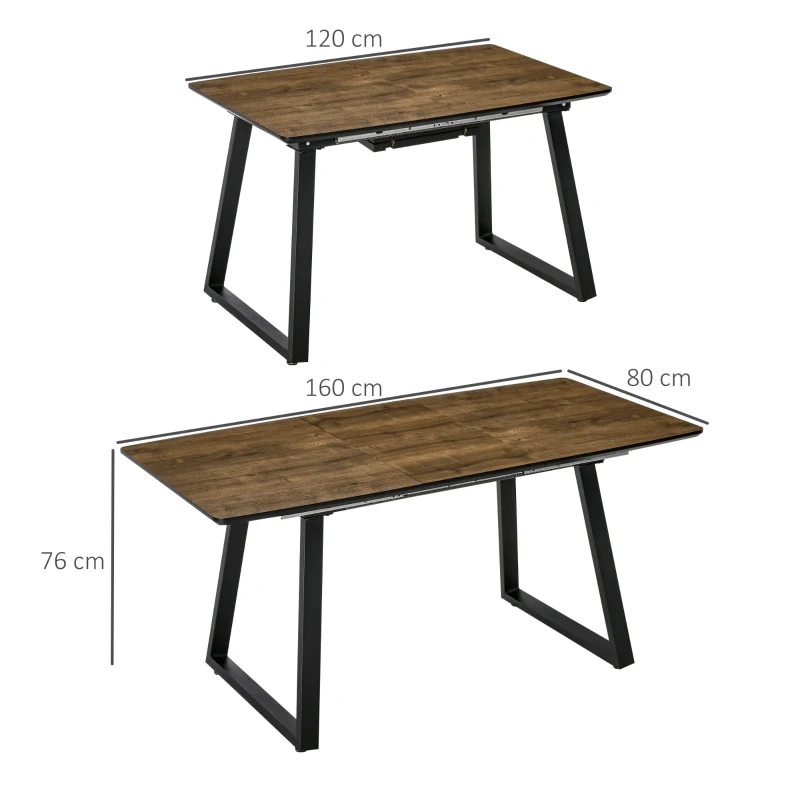 HOMCOM Masa de sufragerie extensibila Blat dreptunghiular cu efect de lemn pentru 4-6 persoane cu cadru metalic si frunze ascunse pentru bucatarie, sufragerie, living