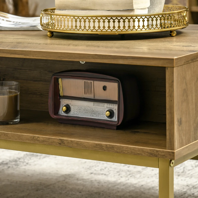 Masuta de cafea moderna HOMCOM cu depozitare, masa dreptunghiulara cu sertar si 2 rafturi deschise, masa de ceai pentru camera de zi, Natural