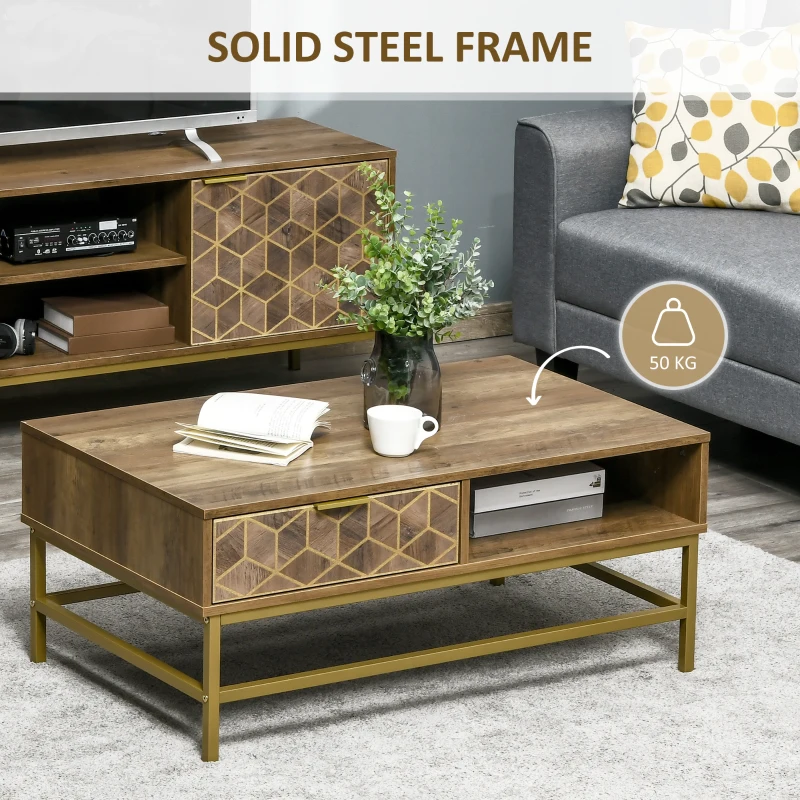 Masuta de cafea moderna HOMCOM cu depozitare, masa dreptunghiulara cu sertar si 2 rafturi deschise, masa de ceai pentru camera de zi, Natural